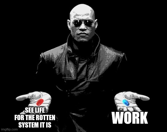 morpheus matrix blue pill red pill | SEE LIFE FOR THE ROTTEN SYSTEM IT IS; WORK | image tagged in morpheus matrix blue pill red pill | made w/ Imgflip meme maker