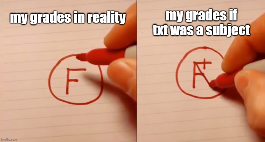 can anyone relate? | my grades if txt was a subject; my grades in reality | image tagged in f to an a | made w/ Imgflip meme maker