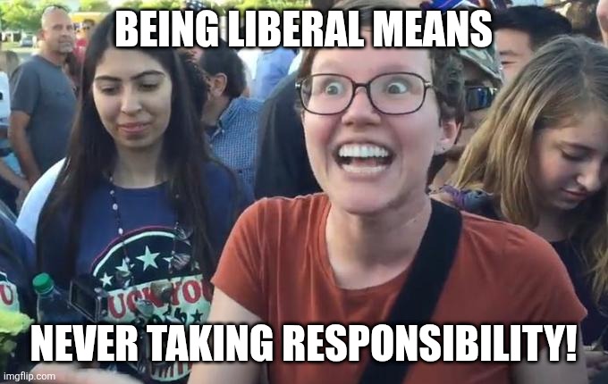 Happy Liberal | BEING LIBERAL MEANS NEVER TAKING RESPONSIBILITY! | image tagged in happy liberal | made w/ Imgflip meme maker