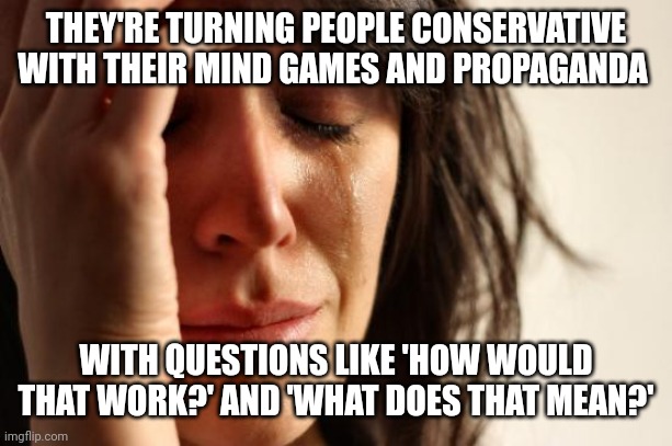 Hide yo kids hide yo wife | THEY'RE TURNING PEOPLE CONSERVATIVE WITH THEIR MIND GAMES AND PROPAGANDA; WITH QUESTIONS LIKE 'HOW WOULD THAT WORK?' AND 'WHAT DOES THAT MEAN?' | image tagged in memes,first world problems | made w/ Imgflip meme maker