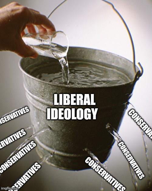 When your entire ideology is just insults, bullets and watching men dry hump each other in wigs.. | LIBERAL IDEOLOGY; CONSERVATIVES; CONSERVATIVES; CONSERVATIVES; CONSERVATIVES; CONSERVATIVES; CONSERVATIVES; CONSERVATIVES | image tagged in leaky bucket | made w/ Imgflip meme maker