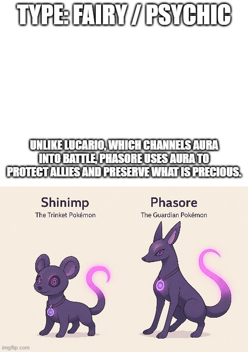 new fakemon | TYPE: FAIRY / PSYCHIC; UNLIKE LUCARIO, WHICH CHANNELS AURA INTO BATTLE, PHASORE USES AURA TO PROTECT ALLIES AND PRESERVE WHAT IS PRECIOUS. | image tagged in pokemon,fakemon | made w/ Imgflip meme maker