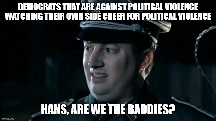 Are we the baddies? | DEMOCRATS THAT ARE AGAINST POLITICAL VIOLENCE WATCHING THEIR OWN SIDE CHEER FOR POLITICAL VIOLENCE HANS, ARE WE THE BADDIES? | image tagged in are we the baddies | made w/ Imgflip meme maker