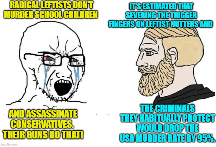 Just saying . . . . | RADICAL LEFTISTS DON'T MURDER SCHOOL CHILDREN; IT'S ESTIMATED THAT SEVERING THE TRIGGER FINGERS ON LEFTIST NUTTERS AND; THE CRIMINALS THEY HABITUALLY PROTECT WOULD DROP THE USA MURDER RATE BY 95%. AND ASSASSINATE CONSERVATIVES.  THEIR GUNS DO THAT! | image tagged in soyboy vs yes chad | made w/ Imgflip meme maker