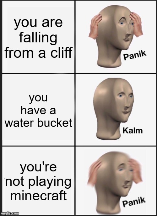 P A N I K | you are falling from a cliff; you have a water bucket; you're not playing minecraft | image tagged in memes,panik kalm panik | made w/ Imgflip meme maker