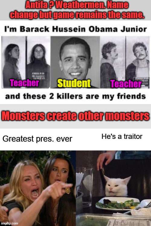 How many Barrys are they creating right now. Dems ' Get them while they're young ' easier to fool. just a opinion of course | Antifa ? Weathermen. Name change but game remains the same. Teacher; Teacher; Student; Monsters create other monsters; He's a traitor; Greatest pres. ever | image tagged in memes,woman yelling at cat | made w/ Imgflip meme maker
