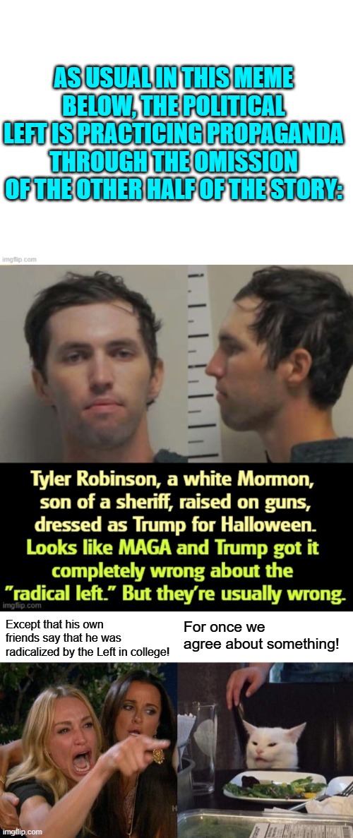 The leftist Guardian itself just interview his friends and revealed the truth. | AS USUAL IN THIS MEME BELOW, THE POLITICAL LEFT IS PRACTICING PROPAGANDA THROUGH THE OMISSION OF THE OTHER HALF OF THE STORY:; Except that his own friends say that he was radicalized by the Left in college! For once we agree about something! | image tagged in woman yelling at cat | made w/ Imgflip meme maker