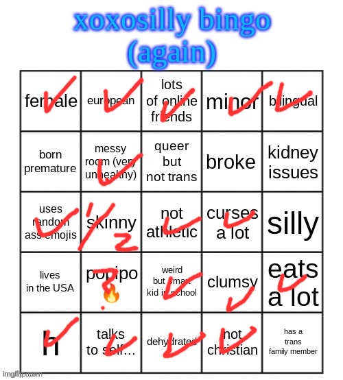 xoxosilly bingo AGAIN | image tagged in xoxosilly bingo again | made w/ Imgflip meme maker