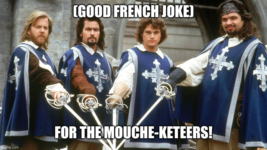 3 Musketeers | (GOOD FRENCH JOKE) FOR THE MOUCHE-KETEERS! | image tagged in 3 musketeers | made w/ Imgflip meme maker