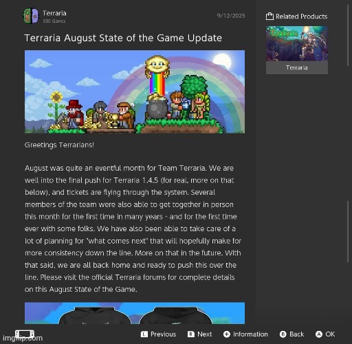 August SOTG update | image tagged in terraria,video games,state of the game,nintendo switch,screenshots,news | made w/ Imgflip meme maker