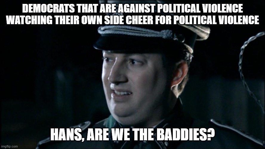 Are we the baddies? | DEMOCRATS THAT ARE AGAINST POLITICAL VIOLENCE WATCHING THEIR OWN SIDE CHEER FOR POLITICAL VIOLENCE HANS, ARE WE THE BADDIES? | image tagged in are we the baddies | made w/ Imgflip meme maker