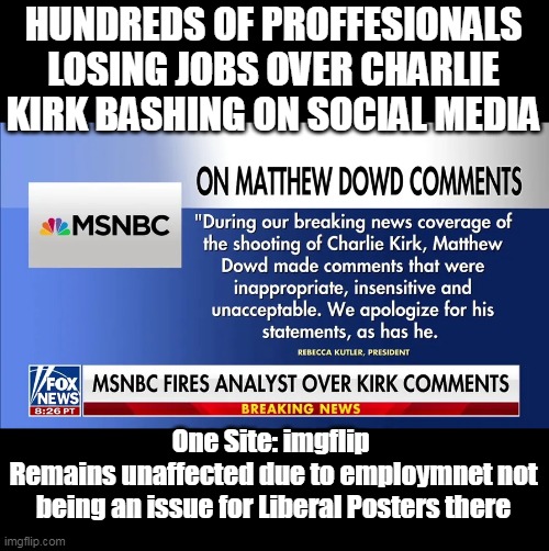 The Liberal Malingerers Safe Haven for Spewing Hatred | HUNDREDS OF PROFFESIONALS LOSING JOBS OVER CHARLIE KIRK BASHING ON SOCIAL MEDIA; One Site: imgflip 
Remains unaffected due to employmnet not being an issue for Liberal Posters there | image tagged in doxing liberal charlie bashers meme | made w/ Imgflip meme maker