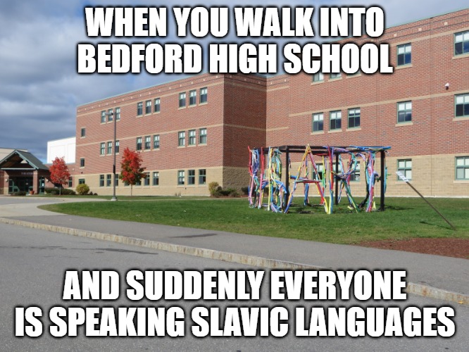 Slavic Bedford High School | WHEN YOU WALK INTO BEDFORD HIGH SCHOOL; AND SUDDENLY EVERYONE IS SPEAKING SLAVIC LANGUAGES | image tagged in slavic bedford high school,slavic new hampshire | made w/ Imgflip meme maker