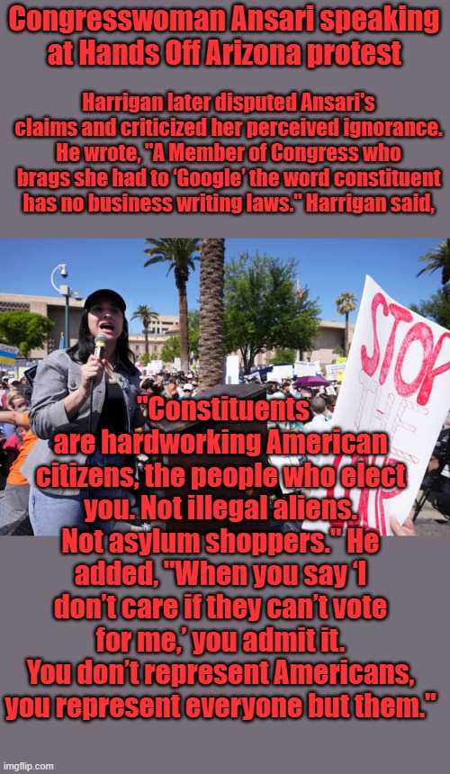 Another 1 working for illegals over US citizens | Congresswoman Ansari speaking at Hands Off Arizona protest; Harrigan later disputed Ansari's claims and criticized her perceived ignorance. He wrote, "A Member of Congress who brags she had to ‘Google’ the word constituent has no business writing laws." Harrigan said, "Constituents are hardworking American citizens, the people who elect you. Not illegal aliens. Not asylum shoppers." He added, "When you say ‘I don’t care if they can’t vote for me,’ you admit it. You don’t represent Americans, you represent everyone but them." | made w/ Imgflip meme maker