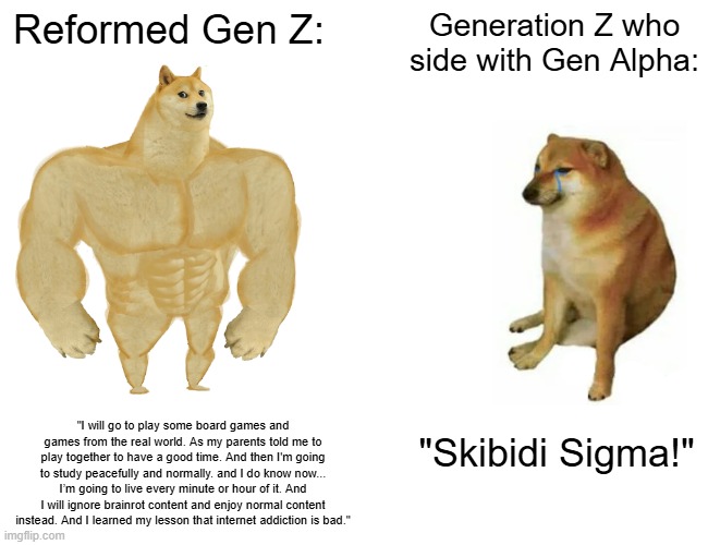 When Generation Z is divided, be like: | Reformed Gen Z:; Generation Z who side with Gen Alpha:; "I will go to play some board games and games from the real world. As my parents told me to play together to have a good time. And then I'm going to study peacefully and normally. and I do know now... I’m going to live every minute or hour of it. And I will ignore brainrot content and enjoy normal content instead. And I learned my lesson that internet addiction is bad."; "Skibidi Sigma!" | image tagged in memes,buff doge vs cheems,generation z,gen z humor,anti brainrot,anti-brainrot | made w/ Imgflip meme maker