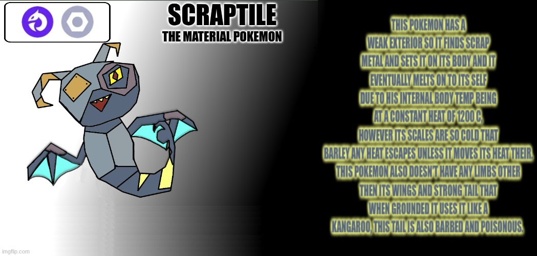 1st ability, Poison Point, 2nd is is Flame Body and Hidden Ability is Levitate | SCRAPTILE; THE MATERIAL POKEMON | image tagged in black box | made w/ Imgflip meme maker