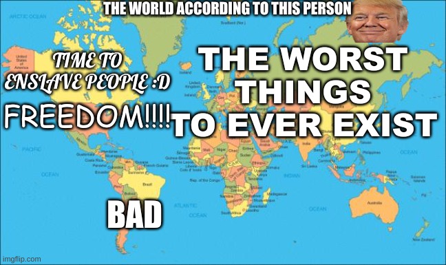 The world according to Trump | THE WORLD ACCORDING TO THIS PERSON; TIME TO ENSLAVE PEOPLE :D; THE WORST THINGS TO EVER EXIST; FREEDOM!!!! BAD | image tagged in world map | made w/ Imgflip meme maker