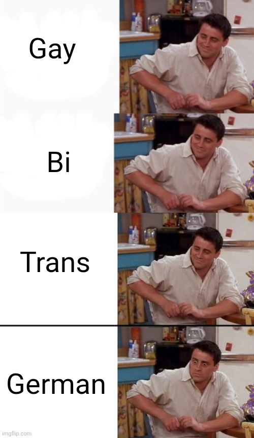 Gay Bi Trans German | image tagged in surprised joey | made w/ Imgflip meme maker