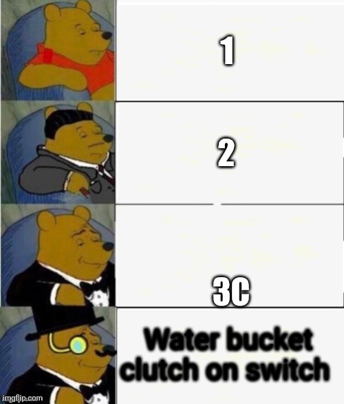 Tuxedo Winnie the Pooh 4 panel | 1; 2; 3C; Water bucket clutch on switch | image tagged in tuxedo winnie the pooh 4 panel | made w/ Imgflip meme maker