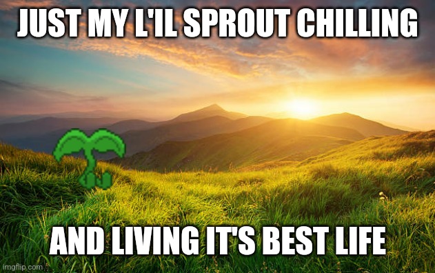 TYSM FOR THIS SPRITE WUBBOC IT PERFECTLY REFLECTS PART OF MY PERSONALITY | JUST MY L'IL SPROUT CHILLING; AND LIVING IT'S BEST LIFE | image tagged in mountain landscape | made w/ Imgflip meme maker