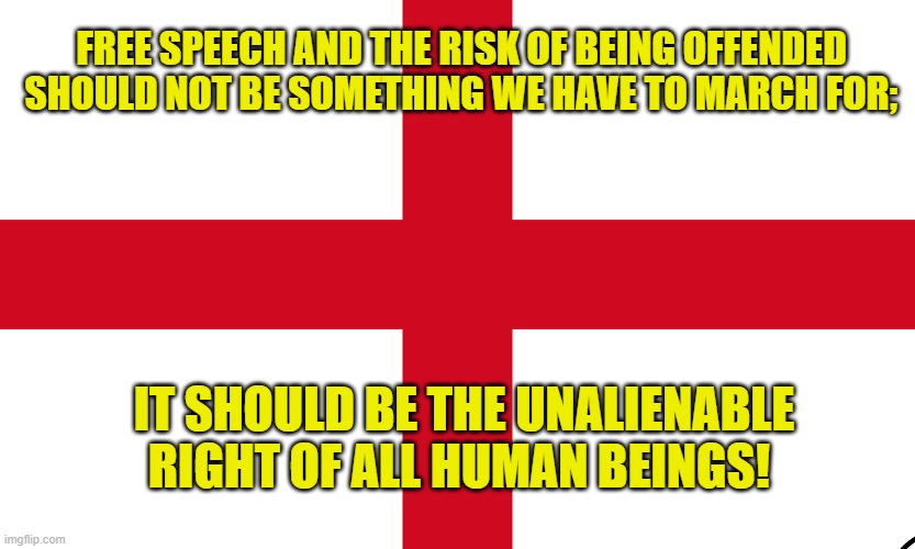 Flag of St. George | FREE SPEECH AND THE RISK OF BEING OFFENDED SHOULD NOT BE SOMETHING WE HAVE TO MARCH FOR;; IT SHOULD BE THE UNALIENABLE RIGHT OF ALL HUMAN BEINGS! | image tagged in flag of st george | made w/ Imgflip meme maker