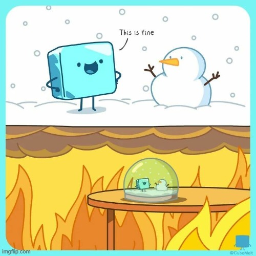 image tagged in ice cube,snow,snowman,snowglobe,fire,this is fine | made w/ Imgflip meme maker