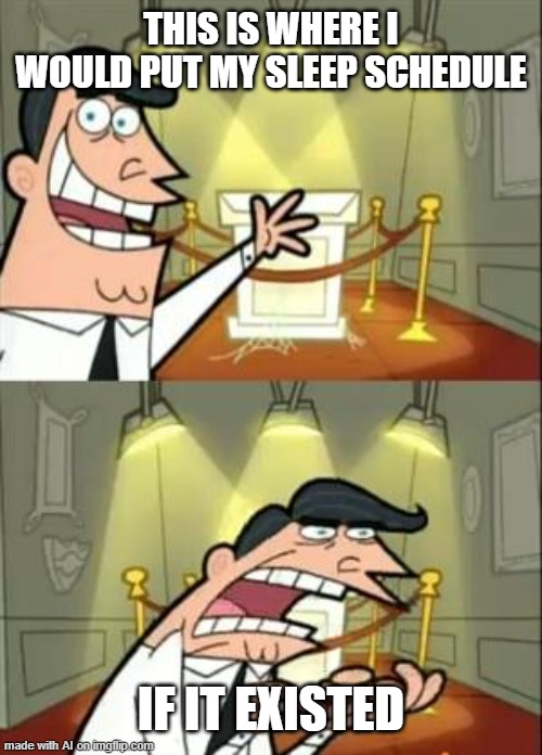 No Sleep | THIS IS WHERE I WOULD PUT MY SLEEP SCHEDULE; IF IT EXISTED | image tagged in memes,this is where i'd put my trophy if i had one | made w/ Imgflip meme maker