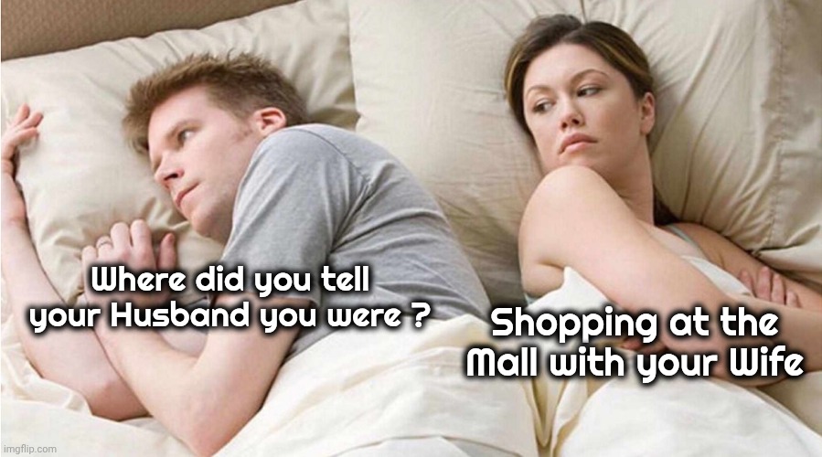 Where did you tell your Husband you were ? Shopping at the Mall with your Wife | image tagged in couple in bed flipped image | made w/ Imgflip meme maker
