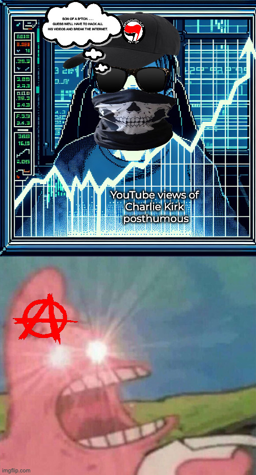 SON OF A B*TCH. . . .
GUESS WE'LL HAVE TO HACK ALL HIS VIDEOS AND BREAK THE INTERNET. YouTube views of 
Charlie Kirk 
posthumous | image tagged in a boy looking at the screen a graph of stock going up breaking t,patrick screamin | made w/ Imgflip meme maker