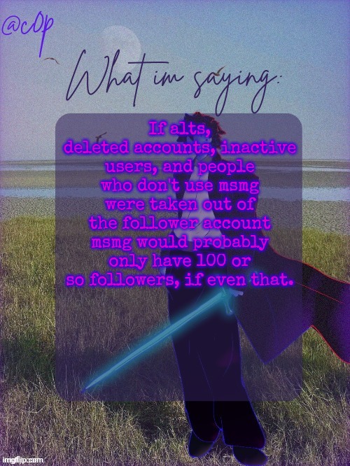 c0p template by Grace | If alts, deleted accounts, inactive users, and people who don't use msmg were taken out of the follower account msmg would probably only have 100 or so followers, if even that. | image tagged in c0p template by grace | made w/ Imgflip meme maker