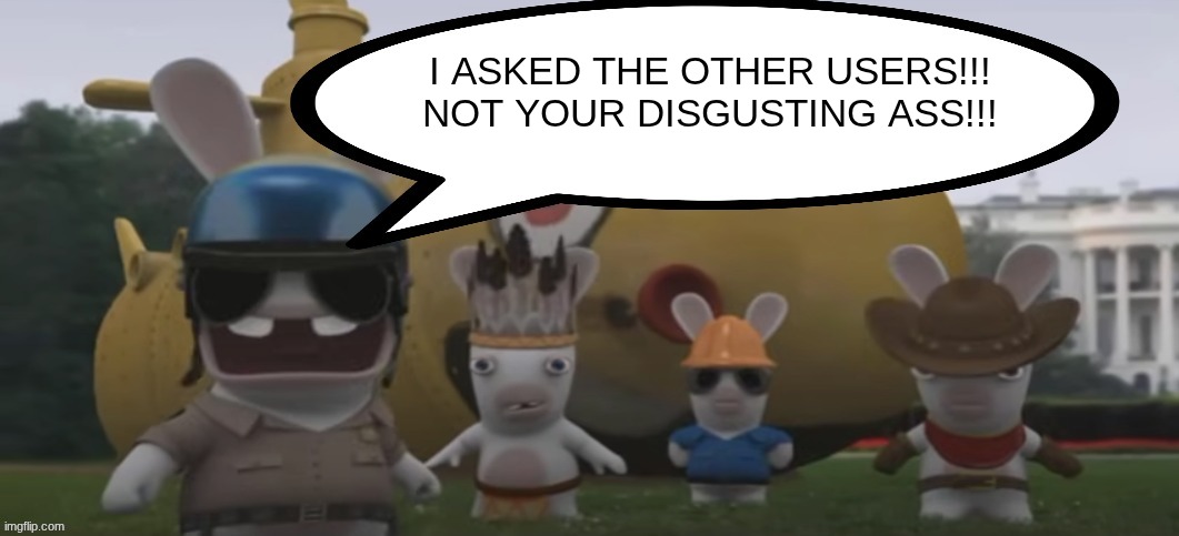 Soldier Rabbid Yelling | I ASKED THE OTHER USERS!!!
NOT YOUR DISGUSTING ASS!!! | image tagged in soldier rabbid yelling | made w/ Imgflip meme maker