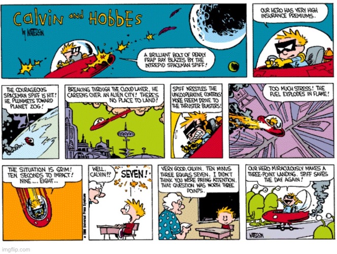 A close call for Spiff (and Calvin)… | image tagged in calvin and hobbes,comics,spaceman spiff,classroom,right answer,aliens | made w/ Imgflip meme maker