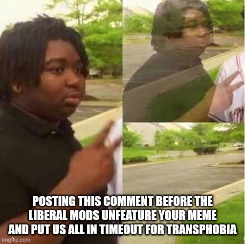 disappearing  | POSTING THIS COMMENT BEFORE THE LIBERAL MODS UNFEATURE YOUR MEME AND PUT US ALL IN TIMEOUT FOR TRANSPHOBIA | image tagged in disappearing | made w/ Imgflip meme maker