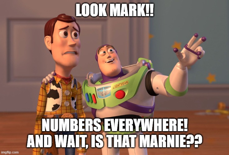X, X Everywhere Meme | LOOK MARK!! NUMBERS EVERYWHERE! AND WAIT, IS THAT MARNIE?? | image tagged in memes,x x everywhere | made w/ Imgflip meme maker