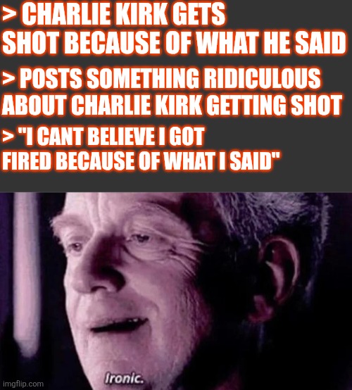 thats what happends when you in your own bubble wirh everyone on said bubble patting you on the back | > CHARLIE KIRK GETS SHOT BECAUSE OF WHAT HE SAID; > POSTS SOMETHING RIDICULOUS ABOUT CHARLIE KIRK GETTING SHOT; > "I CANT BELIEVE I GOT FIRED BECAUSE OF WHAT I SAID" | image tagged in palpatine ironic | made w/ Imgflip meme maker