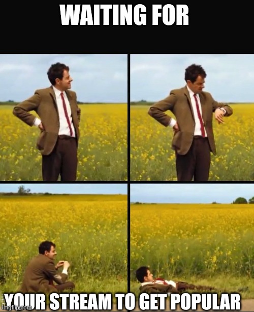 Mr bean waiting | WAITING FOR; YOUR STREAM TO GET POPULAR | image tagged in mr bean waiting | made w/ Imgflip meme maker