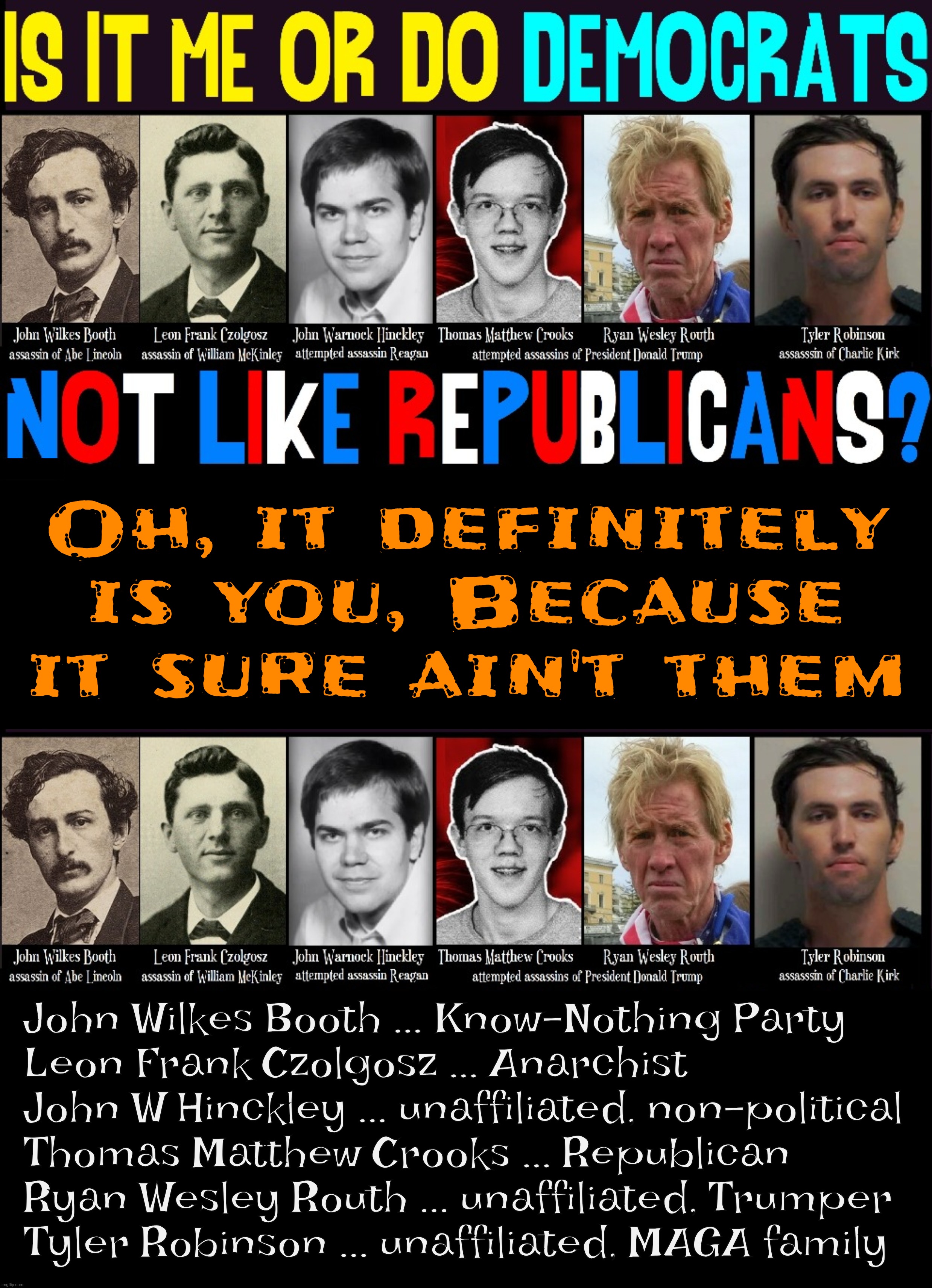 I'm typically against taking other's memes and turning them into something else, but that's part of what memeing is about | Oh, it definitely is you, Because it sure ain't them; John Wilkes Booth ... Know-Nothing Party
Leon Frank Czolgosz ... Anarchist
John W Hinckley ... unaffiliated, non-political
Thomas Matthew Crooks ... Republican 
Ryan Wesley Routh ... unaffiliated, Trumper 
Tyler Robinson ... unaffiliated, MAGA family | image tagged in assassins,and fauxassins,blaming democrats,when they're republicans,or unaffiliated,read a book dingbat | made w/ Imgflip meme maker