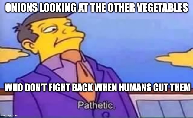 Onions | ONIONS LOOKING AT THE OTHER VEGETABLES; WHO DON’T FIGHT BACK WHEN HUMANS CUT THEM | image tagged in skinner pathetic,onions,cry,fight,fighting | made w/ Imgflip meme maker