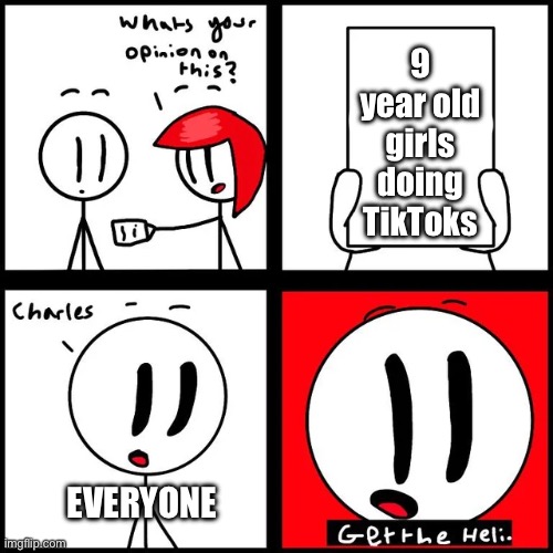 Insert stupid song | 9 year old girls doing TikToks; EVERYONE | image tagged in charles get the heli | made w/ Imgflip meme maker