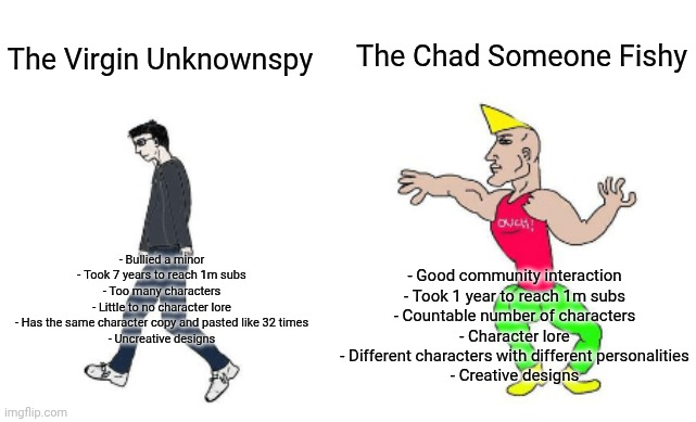 Virgin vs Chad | The Chad Someone Fishy; The Virgin Unknownspy; - Bullied a minor
- Took 7 years to reach 1m subs
- Too many characters
- Little to no character lore
- Has the same character copy and pasted like 32 times
- Uncreative designs; - Good community interaction
- Took 1 year to reach 1m subs
- Countable number of characters
- Character lore
- Different characters with different personalities
- Creative designs | image tagged in virgin vs chad | made w/ Imgflip meme maker