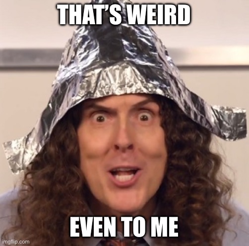 Weird al tinfoil hat | THAT’S WEIRD; EVEN TO ME | image tagged in weird al tinfoil hat | made w/ Imgflip meme maker