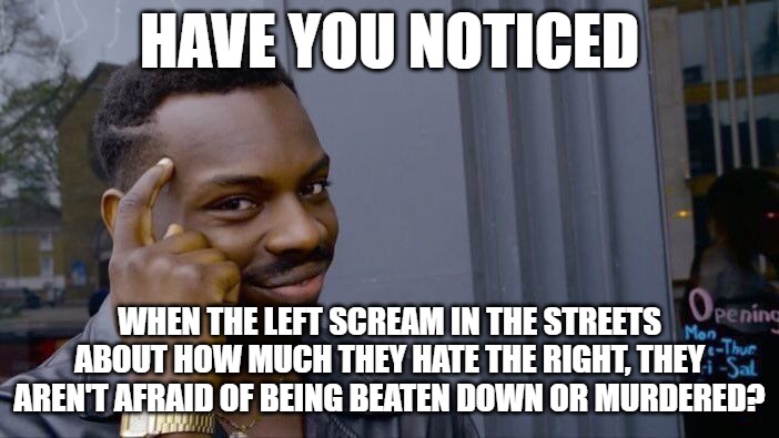 The left isn't targeted for opinions.  The only fascists in this country are those who try to silence others with violence. | HAVE YOU NOTICED; WHEN THE LEFT SCREAM IN THE STREETS ABOUT HOW MUCH THEY HATE THE RIGHT, THEY AREN'T AFRAID OF BEING BEATEN DOWN OR MURDERED? | image tagged in memes,roll safe think about it,leftists,democrats,trueconservatives | made w/ Imgflip meme maker