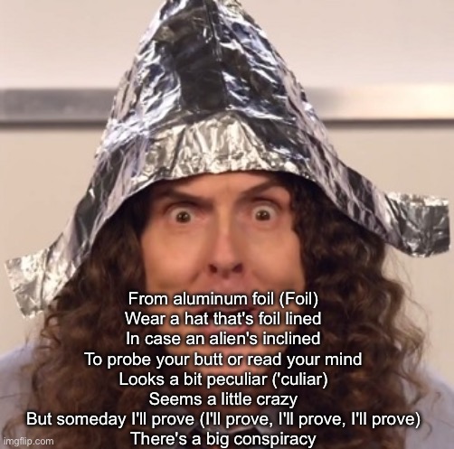 Foil | From aluminum foil (Foil)
Wear a hat that's foil lined
In case an alien's inclined
To probe your butt or read your mind
Looks a bit peculiar ('culiar)
Seems a little crazy
But someday I'll prove (I'll prove, I'll prove, I'll prove)
There's a big conspiracy | image tagged in weird al tinfoil hat,tin foil hat | made w/ Imgflip meme maker