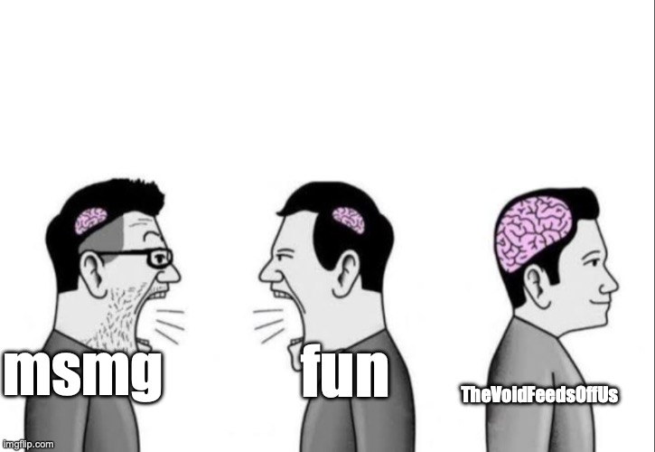 fr | msmg; fun; TheVoidFeedsOffUs | image tagged in 2 dumbass arguing while a smartass is ignoring them | made w/ Imgflip meme maker