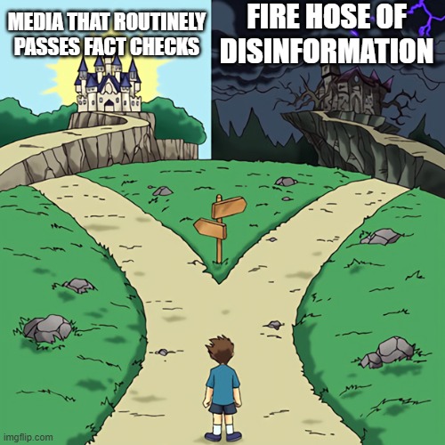 Fork in the road | FIRE HOSE OF DISINFORMATION; MEDIA THAT ROUTINELY PASSES FACT CHECKS | image tagged in fork in the road | made w/ Imgflip meme maker