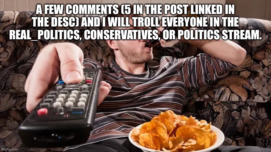 unemployed guy | A FEW COMMENTS (5 IN THE POST LINKED IN THE DESC) AND I WILL TROLL EVERYONE IN THE REAL_POLITICS, CONSERVATIVES, OR POLITICS STREAM. | image tagged in unemployed guy | made w/ Imgflip meme maker
