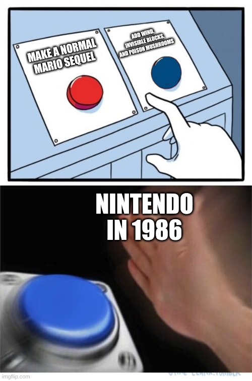 very true | ADD WIND, INVISIBLE BLOCKS, AND POISON MUSHROOMS; MAKE A NORMAL MARIO SEQUEL; NINTENDO IN 1986 | image tagged in two buttons 1 blue | made w/ Imgflip meme maker