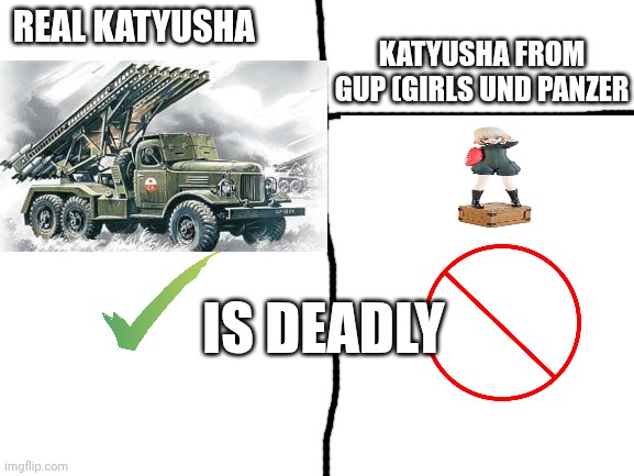 Blank White Template | REAL KATYUSHA KATYUSHA FROM GUP (GIRLS UND PANZER IS DEADLY | image tagged in blank white template | made w/ Imgflip meme maker