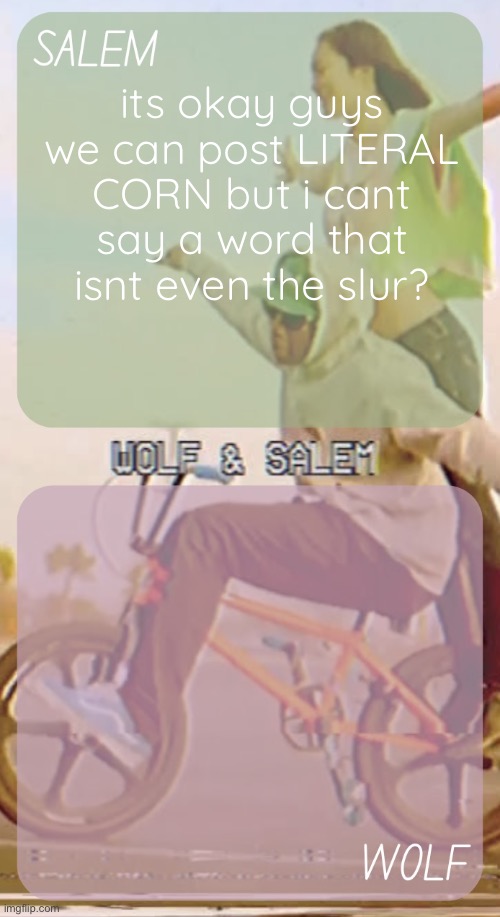 ive said ts a billion times | its okay guys we can post LITERAL CORN but i cant say a word that isnt even the slur? | image tagged in wolf n salem - foxed and moons 3 | made w/ Imgflip meme maker