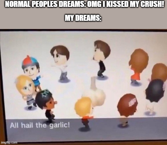 ALL HAIL THE GARLIC | NORMAL PEOPLES DREAMS: OMG I KISSED MY CRUSH! MY DREAMS: | image tagged in all hail the garlic | made w/ Imgflip meme maker